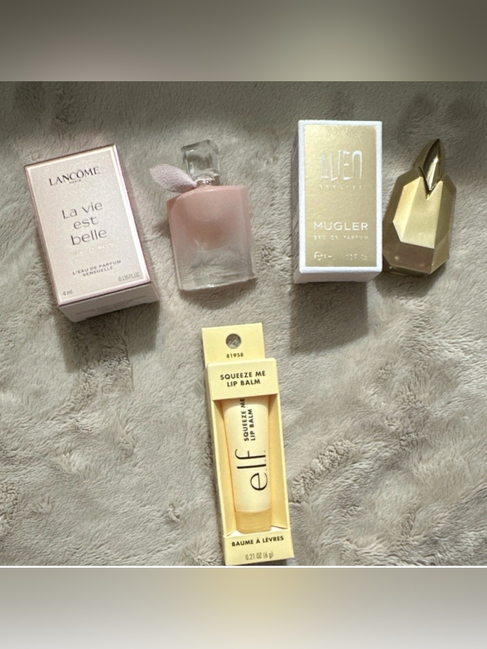 Lancome La Vie Est Belle,Mugler Alien Goddess PerfumeMinis 6ml/e.l.f. Lip Balm